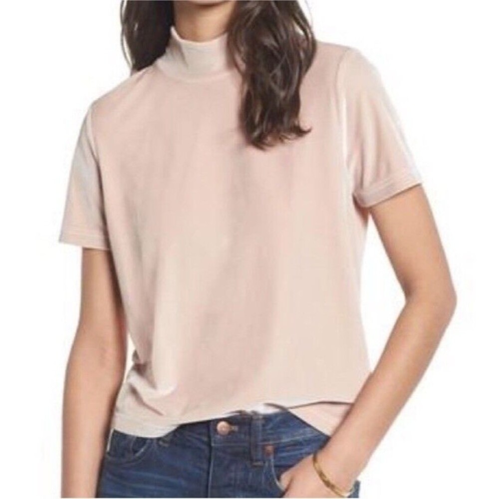 Madewell Women's Size Medium Velvet Knit‎ Top Short Sleeve Mockneck Beige Color